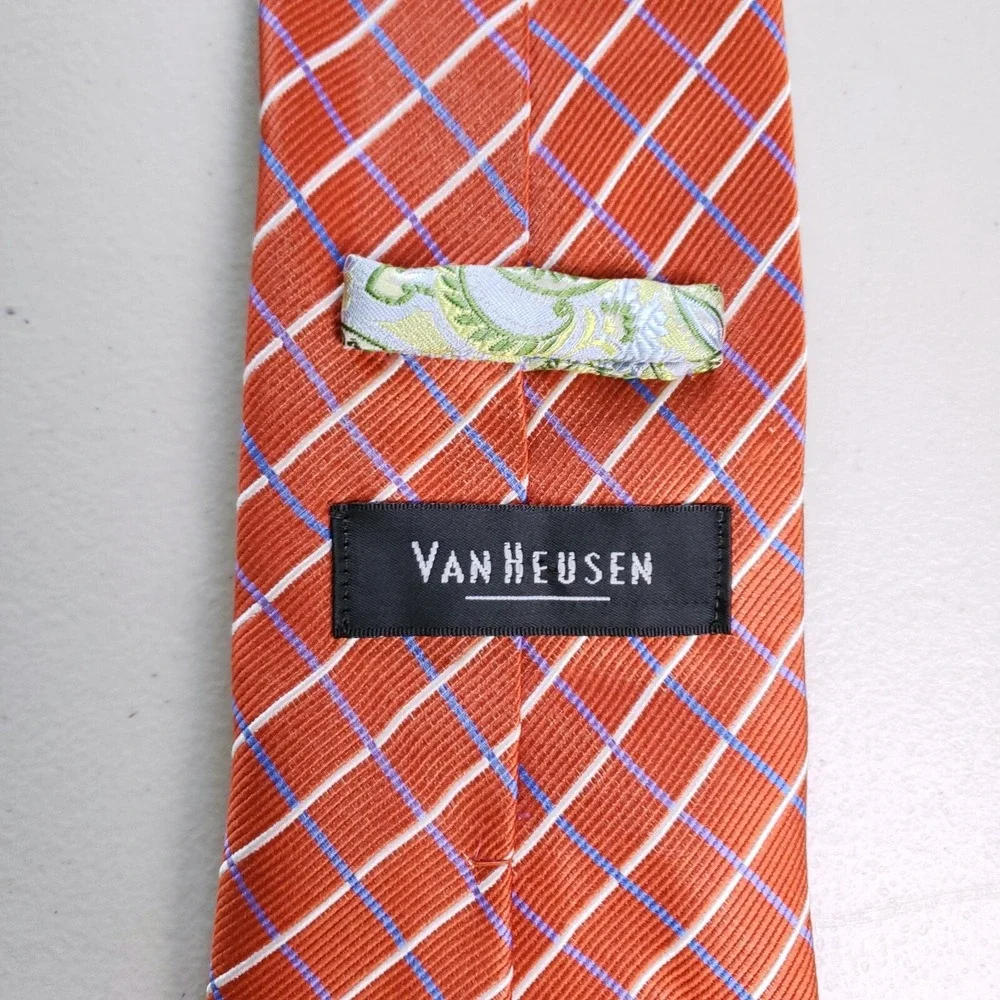 Van Heusen Tie Orange Plaid Geometric Business Classic Necktie Mens‎